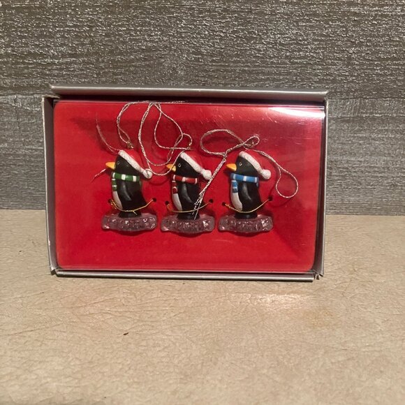 Christmas ornaments. Vintage 1982 Ensco 3 Penguin on ice ornaments